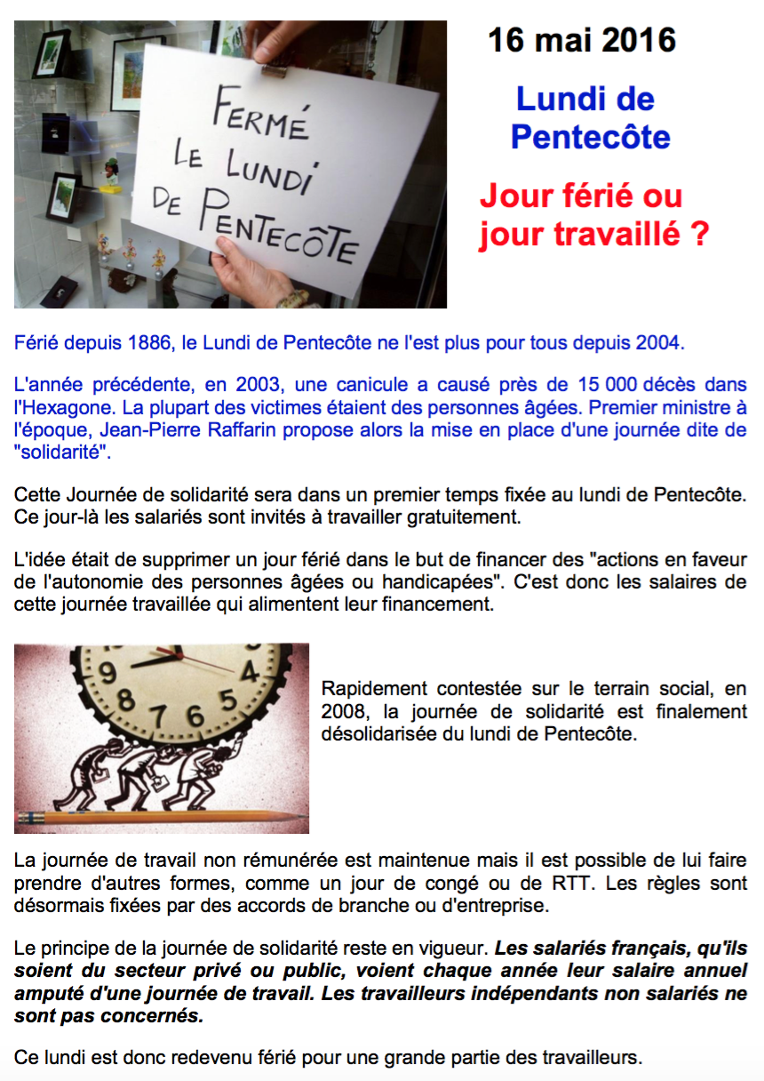 Ferie Ou Pas Lundi De Pentecote Noz Infos